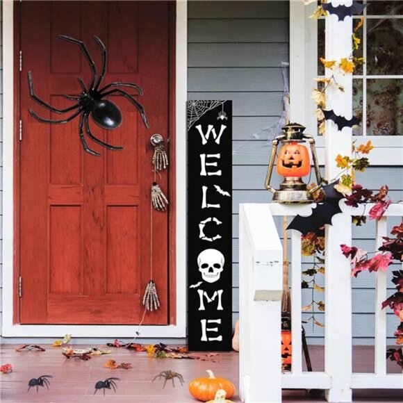 Halloween Welcome Sign Skull Front Door Hanging Decor Wooden Vertical Indoor - Picture 6 of 8
